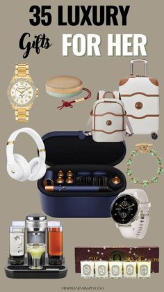 35 luxury gifts for her on mindfulnessinspo.com featuring Bulova luxury watch, Bang & Olufsen wireless speaker, Dyson hair styler, Oscar de la Renta bracelet gold and green crystal hearts, Beats wireless headphones, luxury suitcase, Garmin smart watch with fintess tracking, Diptyque scented candles set, cocktail making machine Expensive Birthday Gifts For Her, Gifts For 28 Year Old Women, Luxury Christmas Gifts For Her, Luxury Gifts Women, Expensive Gifts For Women Luxury, Luxury Gifts For Women Birthday, Expensive Gifts For Girlfriend, Boujee Gifts For Her, Boujee Gifts