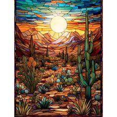 a stained glass window in the shape of a desert scene with cacti and cactus trees