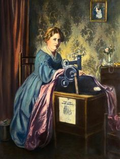 a painting of a woman working on an old sewing machine