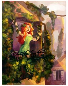 a digital painting of a woman in a green dress standing on top of a balcony