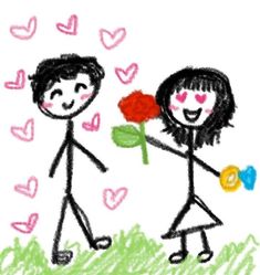 a drawing of two people holding flowers and hearts