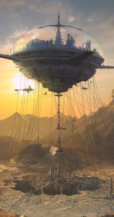 an alien ship floating on top of a desert