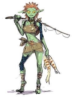 a drawing of an elf holding a fishing rod and fish in one hand while standing on the other