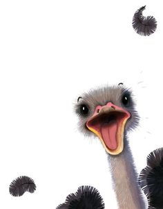 an ostrich with its mouth open and some feathers flying around in the air