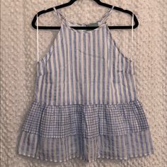 White And Light Blue Striped And Gingham Top With A Peplum Waist. New With Tags, Never Worn! Blue Breezy Tops For Spring, Breezy Blue Spring Tops, Breezy Blue Tops For Spring, Breezy Blue Summer Tops, Striped Peplum Top, Chevron Top, Gingham Top, Blue Checkered, Gingham Tops