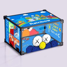 a box with an image of a cartoon character on the front and sides, sitting on a white surface