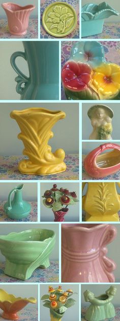 many different colored vases and bowls are shown in this collage with images of them