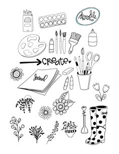 a black and white drawing of art supplies with the words create above it in cursive writing