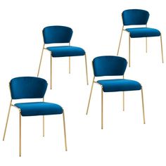 four blue chairs sitting next to each other