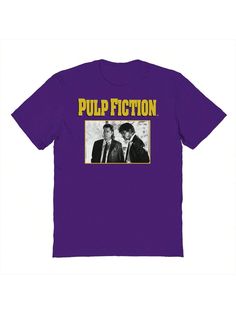 the pulp fiction t - shirt is purple and has yellow lettering on it, with two men