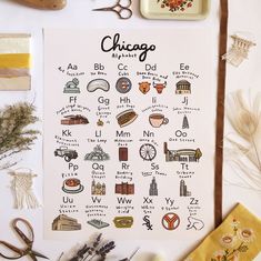 the chicago alphabet poster is surrounded by other items