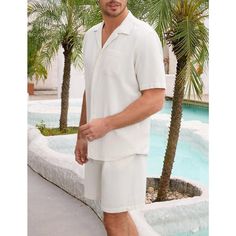 The men summer 2 piece outfit is made of soft fabric. It's provide you nature skin feel and give you optimal comfort wearing experience. Men 2 Piece Summer Beach Outfit Short Sleeve Button Down Shirt and Casual Short Set The guayabera shirt is designed with a cuban collar, short sleeves, one pocket on chest. The Shorts with two side pockets for easy storage of small items., elastic waist drawstring. simple style, solid color, high quality and classic design This men's button down shirt suit is b Casual Solid Color Sets For Vacation, Casual Solid Color Vacation Sets, Casual Relaxed Fit Summer Sets, Casual Summer Sets With Relaxed Fit, Relaxed Loungewear Sets For Summer, Relaxed Summer Loungewear Sets, Summer Relaxed Loungewear Sets, White Sets For Poolside Spring Season, Solid Color Short Sleeve Summer Sets