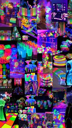 a collage of neon lights and objects in various colors, shapes, and sizes