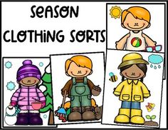 three pictures of children wearing winter clothes and hats, with the words season clothing sorts