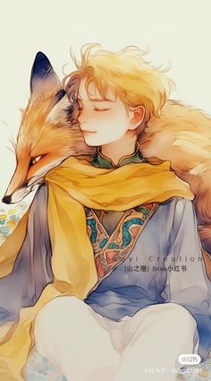 an anime character is hugging a fox on the back of his head, and it looks like he's sleeping