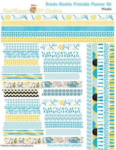 the ordina weekly printable planner kit is shown in blue, yellow and white