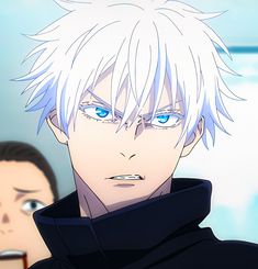 an anime character with white hair and blue eyes looks at the camera while another person stands behind him