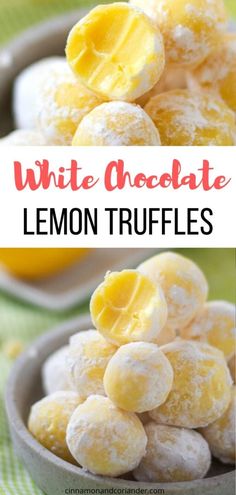 white chocolate lemon truffles with powdered sugar on top in a gray bowl