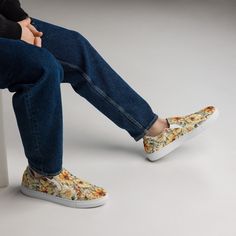 Who says that guys don't like floral patterns? These yellow and orange flower shoes are fresh and cheerful, ideal for guys who like to be original and are not afraid of wearing colors. Ideal for spring summer outdoor activities, summer vacations at the beach, festivals or simply lounging at home. Made for comfort and ease, these Men's Slip-On Canvas Shoes are stylish and the ideal piece for completing an outfit. Equipped with removable soft insoles and rubber outsoles. *  100% polyester canvas u Comfortable Slip-on Sneakers With Round Toe For Summer, Comfortable Slip-on Summer Sneakers, Comfortable Floral Print Sneakers For Spring, Comfortable Slip-on Sneakers For Summer, Summer Canvas Slip-on Sneakers With Round Toe, Casual Flat Bottom Summer Sneakers, Summer Canvas Slip-on Sneakers, Summer Casual Slip-ons With Rubber Sole, Casual Summer Canvas Shoes With Rubber Sole