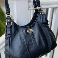 Coach Madison Black Leather Purse One Size Used Very Good Condition Minor Wear Shown In The Photo On The Bottom Of The Purse Coach Madison Bag Black, Bags Coach, Black Leather Purse, Leather Purse, The Photo, Leather Purses, Coach Bags, Shoulder Bags, Black Leather