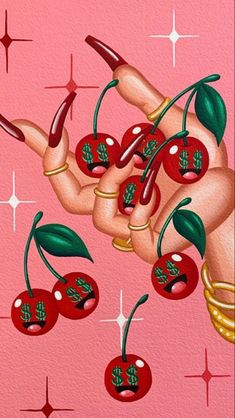 a painting of a woman's hand holding cherries on a pink background with stars