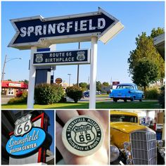 a series of photos showing different types of signs and cars in front of a gas station