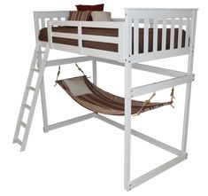 a white loft bed with a hammock hanging from the bottom and ladder to the top