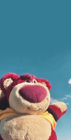 a large stuffed animal sitting on top of a sandy beach next to the ocean in front of a blue sky