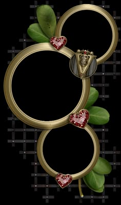 three frames with hearts and green leaves on the edges are arranged to look like they have been made out of metal