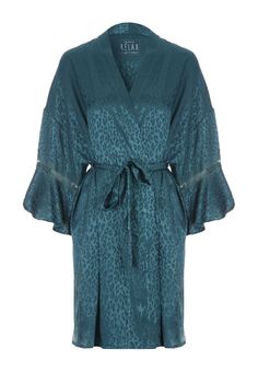 Womens Green Leopard Satin Kimono Leopard Pajamas, Louise Redknapp, Cosy Night In, Satin Kimono, Satin Shorts, Satin Pajamas, Pajama Top, Wide Sleeves, Deep Green