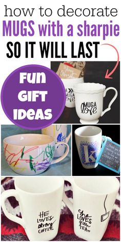 coffee mugs with the words fun gift ideas written on them and in different styles