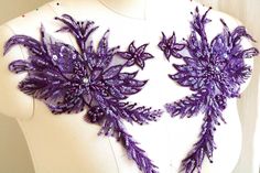 A259d Royal Purple Handmade Beaded Lace Appliqués, 3D Mirrored Pair Lace for Lyrical Dancing Costume Lace Applique Mother of the Bride Dress by LaceLoveLife on Etsy Purple Embroidered Wedding Fabric With Lace Work, Purple Lace Embroidered Fabric For Wedding, Purple Lace Embroidered Fabric, Elegant Embellished Purple Sequin Fabric, Luxury Purple Lace Sequin Fabric