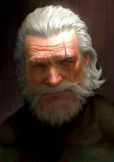 an old man with white hair and beards is staring at something in the distance