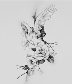 a black and white drawing of a bird flying with flowers on it's back