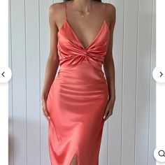 Unworn!! Perfect Satin Dress For The Summer Time! Coral Satin Dress, Dark Pink Satin Dress, Orange Satin Dress, Women Maxi Dresses Summer, Coral Pink Color, V Neck Maxi Dress, Silk Dresses, Coral Dress, Evening Attire