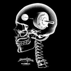 a black and white drawing of a skull with a barbell on it's head