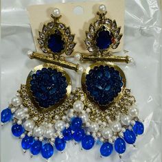 Indian Chandbalis/Jhumkas Royal Blue Color Brand New Never Used Bohemian Blue Danglers, Blue Latkan Earrings For Celebration, Blue Latkans Earrings For Celebration, Blue Earrings For Diwali, Blue Earrings For Festivals And Celebrations, Blue Earrings For Celebration Festivals, Blue Danglers With Latkans For Celebration, Blue Tilla Jhumkas For Festivals, Blue Chandbali Jhumkas With Latkans