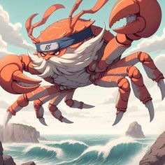 an orange crab with white beard and glasses on it's head is standing in front of the ocean