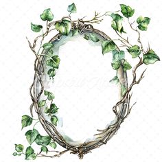 a watercolor painting of a wreath with green leaves and branches around it on a white background