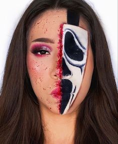 Cool Creepy Halloween Makeup, Halloween Makeup On Men, Fall Looks Makeup, Halloween Makeup Ideas 2022, Easy Scary Makeup Looks, Easy Halloween Makeup Black Women, Halloween Scary Makeup Easy, Jigsaw Face Paint, Scream Movie Makeup