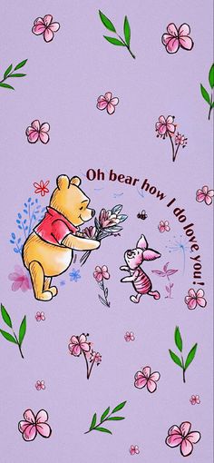 winnie the pooh and piglet on purple background with pink flowers, butterflies and leaves