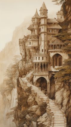 a drawing of a castle on top of a cliff with stairs leading up to it