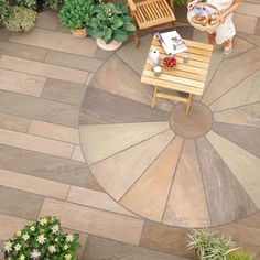 an overhead view of a patio with chairs, table and potted plants on it