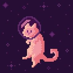 a pixel art cat sitting on top of a purple surface with stars in the background