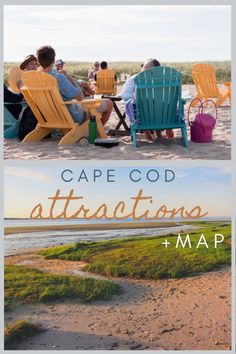 people sitting at a table on the beach with text overlay that reads cape god attractions + map