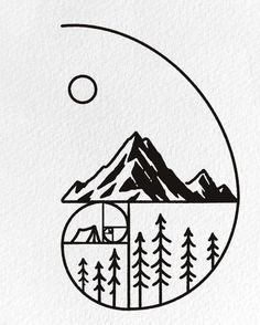 a drawing of mountains and trees in a circle