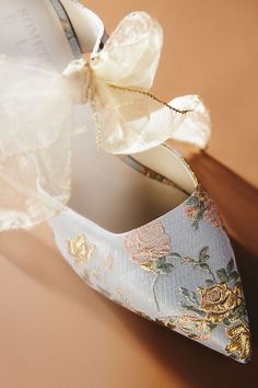 Floral brocade lends feminine texture to these pointy-toed mules, finished with a sheer bow. | Something Bleu Elvie Mules by Anthropologie in Blue, Women's, Size: 9, Leather Shoes Unique, Shoe Inspo, Blue Fits, Pretty Shoes, Bridal Shoes, Look Cool, Cute Shoes, Wedding Outfit, Wedding Shoes