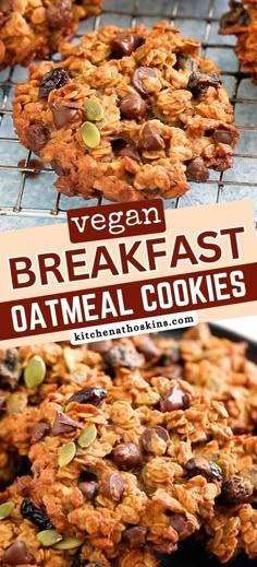 vegan breakfast oatmeal cookies on a cooling rack with text overlay