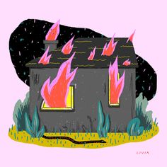 a drawing of a house with flames coming out of the windows