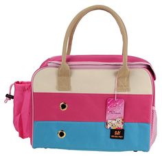 a pink, blue and white bag with a tag hanging from it's side